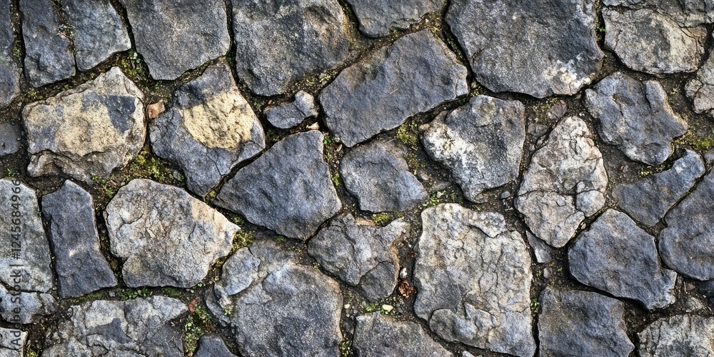 Close-up view of cracked stone pavement texture showcasing gray and brown tones with moss accents, highlighting irregular shapes and surface details. Close-up view of cracked stone pavement texture showcasing gray and brown tones with moss accents, highlighting irregular shapes and surface details.