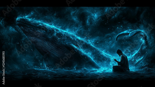 Jonah beside the whale, bathed in a soft blue glow, kneeling in prayer. The mystical and eerie scene symbolizes reflection and redemption. photo