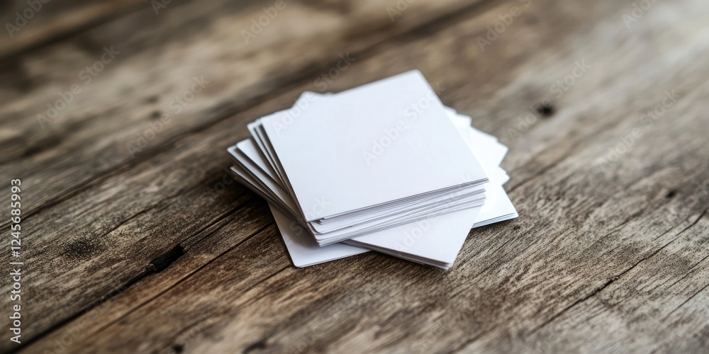 Fototapeta premium Stack of blank business cards neatly arranged on a rustic wooden tabletop with natural lighting showcasing the texture and color of the wood