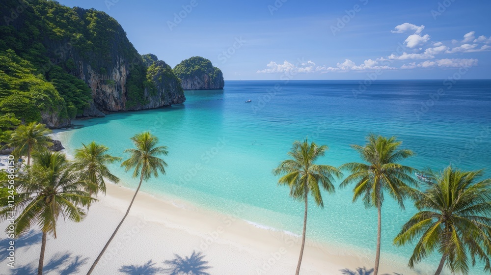 Cultural iconic Thailand, A stunning beach scene featuring clear turquoise waters, sandy shores, and tall palm trees against a backdrop of rocky cliffs and a bright blue sky. Cultural iconic Thailand, A stunning beach scene featuring clear turquoise waters, sandy shores, and tall palm trees against a backdrop of rocky cliffs and a bright blue sky.