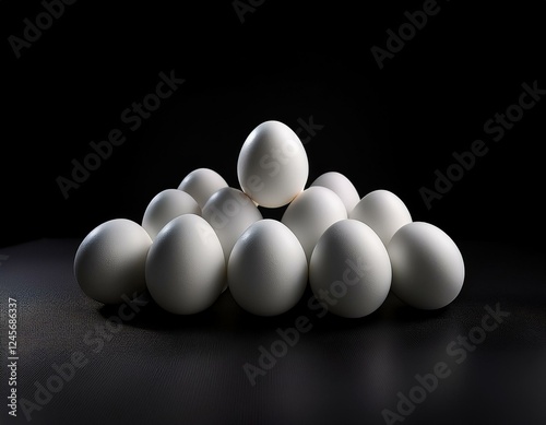 A minimalist Easter composition featuring pure white eggs arranged in a balanced geometric pattern, creating a serene and elegant holiday display.