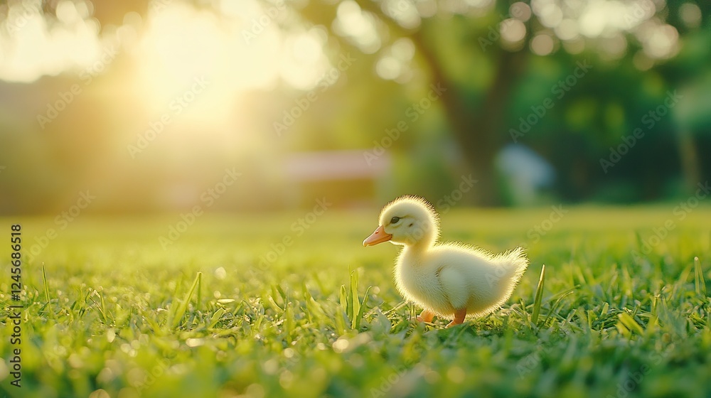 Obraz premium Fluffy duckling walking in sunny park grass