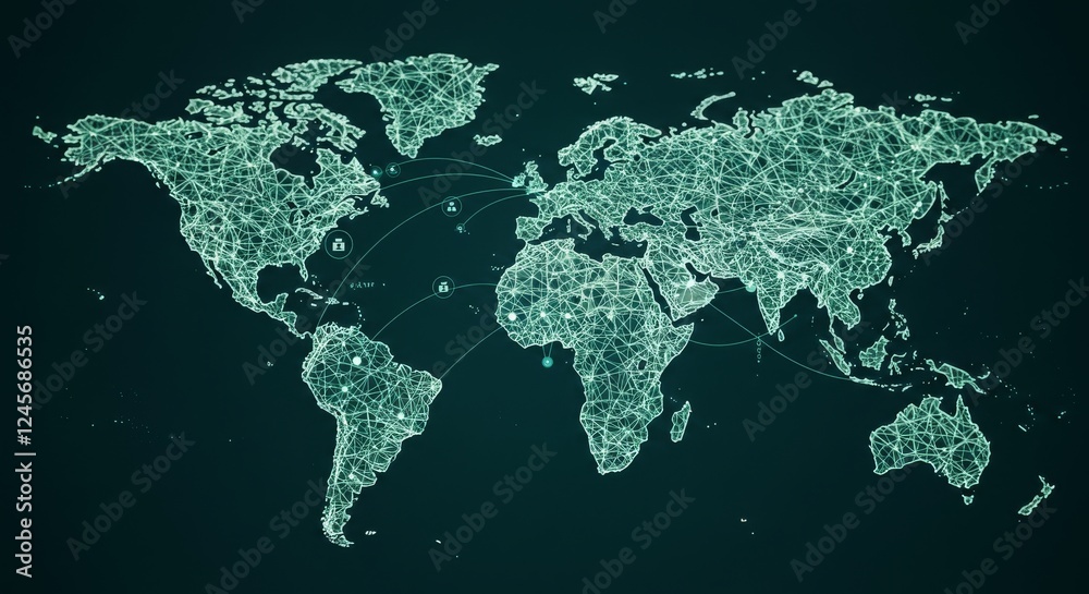 Glowing Network Connections Across the World Map with Data Points and Communication Lines Highlighting Global Connectivity and Information Exchange in a Digital Era