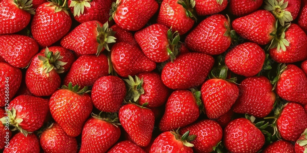 Fresh and ripe red strawberries densely packed with vibrant green leaves in a full frame arrangement showcasing natural textures and vibrant colors. Fresh and ripe red strawberries densely packed with vibrant green leaves in a full frame arrangement showcasing natural textures and vibrant colors.
