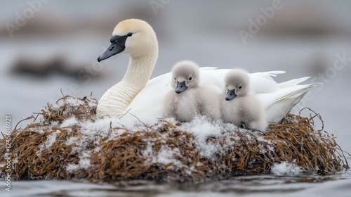 A swan with cygnets rests on a nest, surrounded by serene water. photo