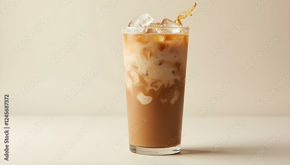 Un vaso alto lleno de una bebida cremosa de café helado, con un chorrito de café y cubitos de hielo en la parte superior. La bebida tiene una apariencia en capas con remolinos de color marrón claro Un vaso alto lleno de una bebida cremosa de café helado, con un chorrito de café y cubitos de hielo en la parte superior. La bebida tiene una apariencia en capas con remolinos de color marrón claro