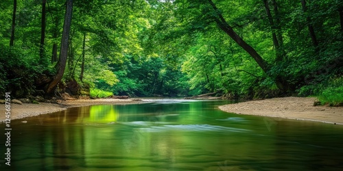 Serene river flowing through lush green trees with sandy shore creating a peaceful natural scene inviting relaxation and exploration in bright greens and soft browns
