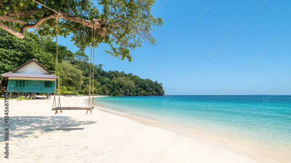 Fototapeta premium Cultural iconic Thailand, A tranquil beach scene featuring a swing under a tree, crystal-clear water, and a serene blue sky.