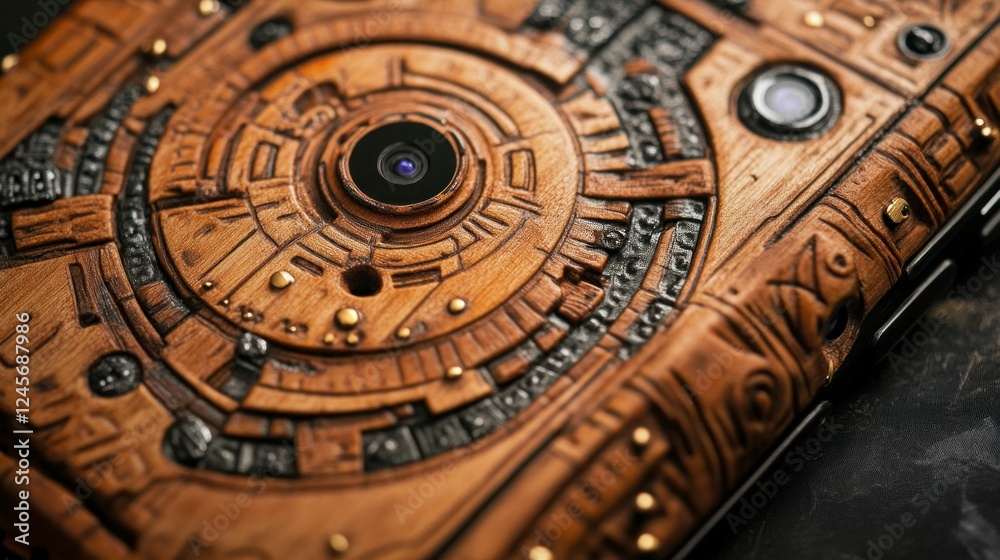 Fototapeta premium Futuristic handmade phone case with tech features urban setting product showcase close-up view innovative design
