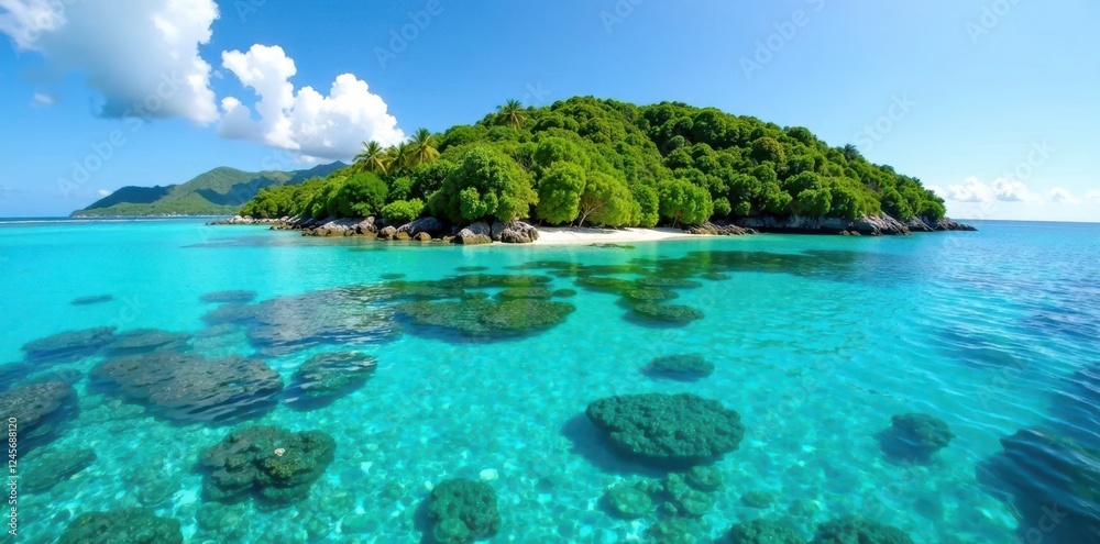 Fototapeta premium Crystal clear lagoon, thriving coral reef, verdant Mayotte island , idyllic, paradise