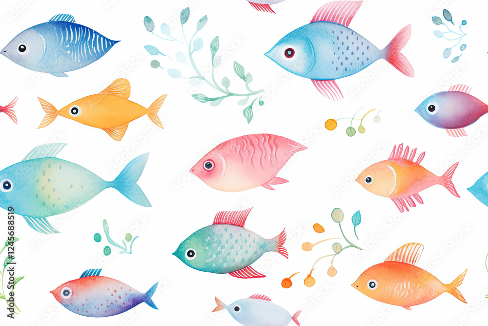 Naklejka premium Colorful Watercolor Fish Seamless Pattern Illustration