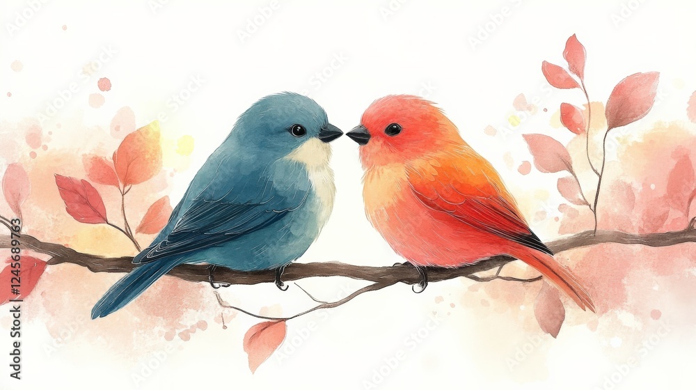 Two Colorful Birds Sharing a Moment on a Branch During Valentine’s Day. Generative AI Two Colorful Birds Sharing a Moment on a Branch During Valentine’s Day. Generative AI