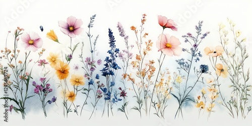 Watercolor Wildflowers Botanical Collection Soft Pastel Floral Elements Greenery Spring Decor photo