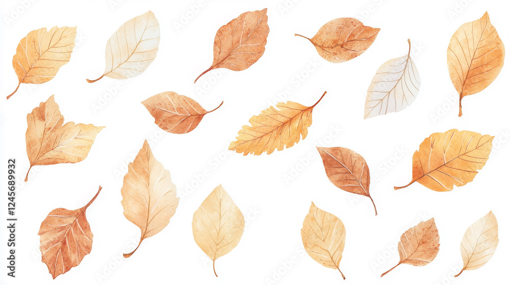 Obraz premium Realistic Falling Leaves in Golden and Brown Tones on a White Background