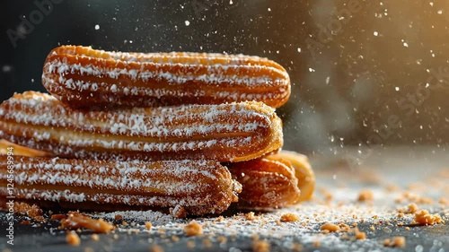 Stack of Sugary Churros With Falling Sugar Crystals, Warm Golden Tones blurred Background. Mexican and Latin American Cuisine. Cinco de Mayo festive dessert