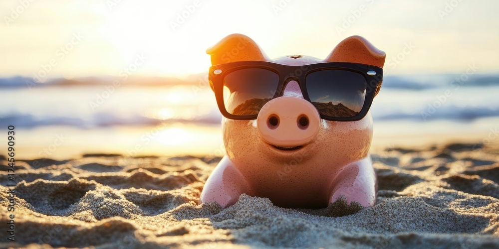 Obraz premium Piggy bank lounging on sandy beach at sunset wearing sunglasses with ocean waves in background warm tones of orange and pink in the sky