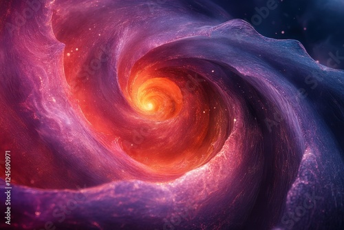 Spiral galaxy with bright orange star in center and abstract spiral designs in space background