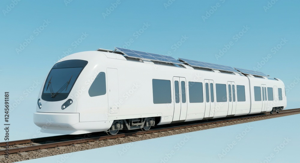 Naklejka premium Modern solar-powered train on elevated tracks against a clear blue sky, showcasing innovative transport