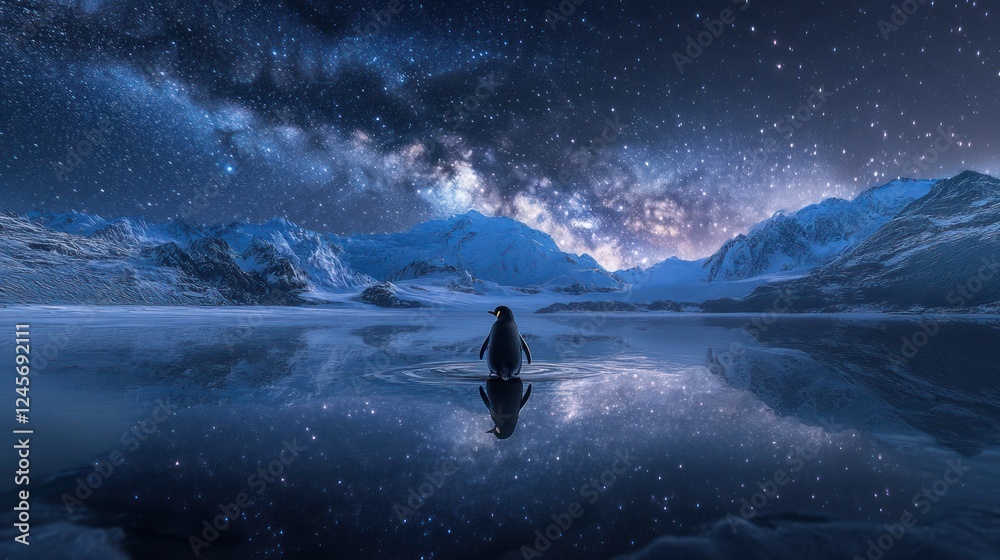 Fototapeta premium Penguin on ice, Milky Way backdrop, Antarctic mountains, calm water, night scene, nature wallpaper