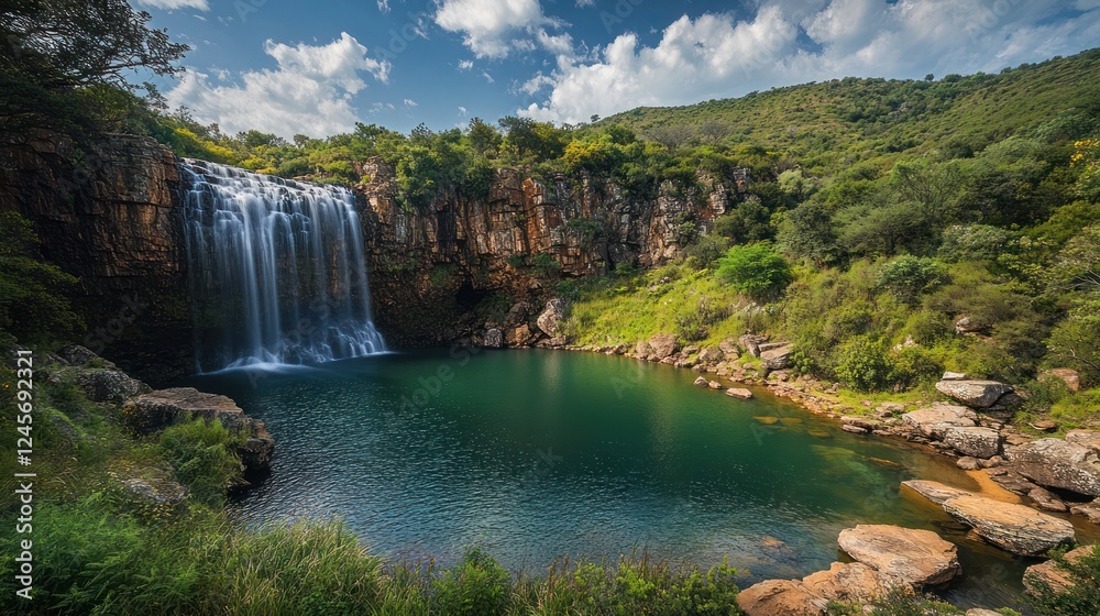 Waterfall cascading into serene pool, lush greenery, sunny day, nature background; travel brochure Waterfall cascading into serene pool, lush greenery, sunny day, nature background; travel brochure