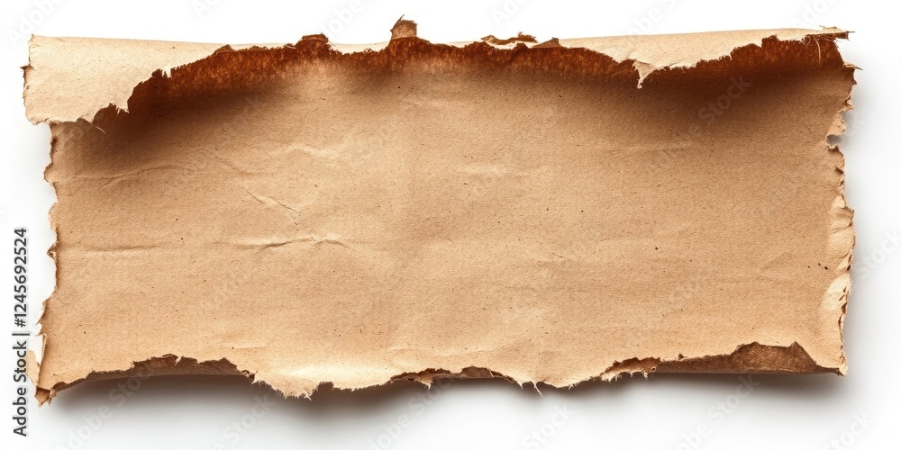 Ragged edge kraft paper fragment isolated on white background showcasing warm brown tones and textured surface positioned centrally in the image. Ragged edge kraft paper fragment isolated on white background showcasing warm brown tones and textured surface positioned centrally in the image.
