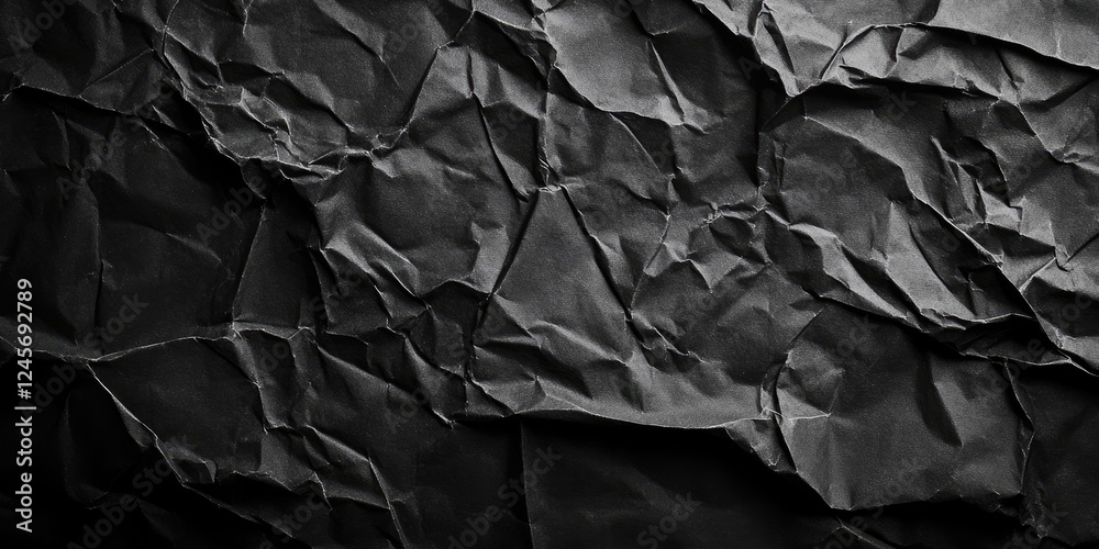 Crumpled black paper texture with deep shadows and highlights creates a dynamic horizontal surface rich in copy space for design projects Crumpled black paper texture with deep shadows and highlights creates a dynamic horizontal surface rich in copy space for design projects