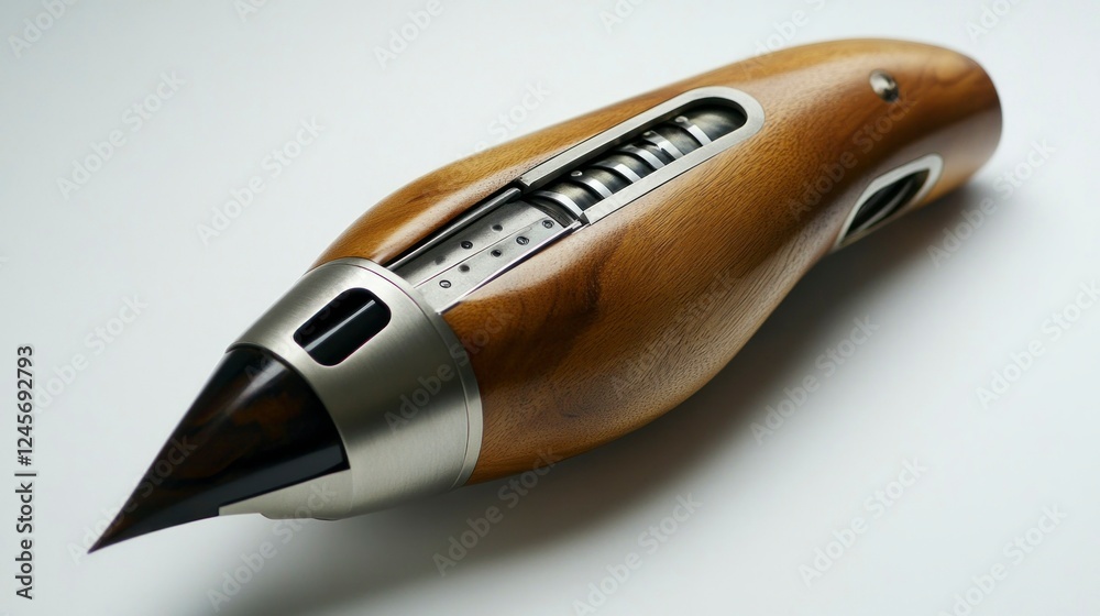 Innovative handmade futuristic gadget with wood and metal design studio setting product photography modern aesthetic