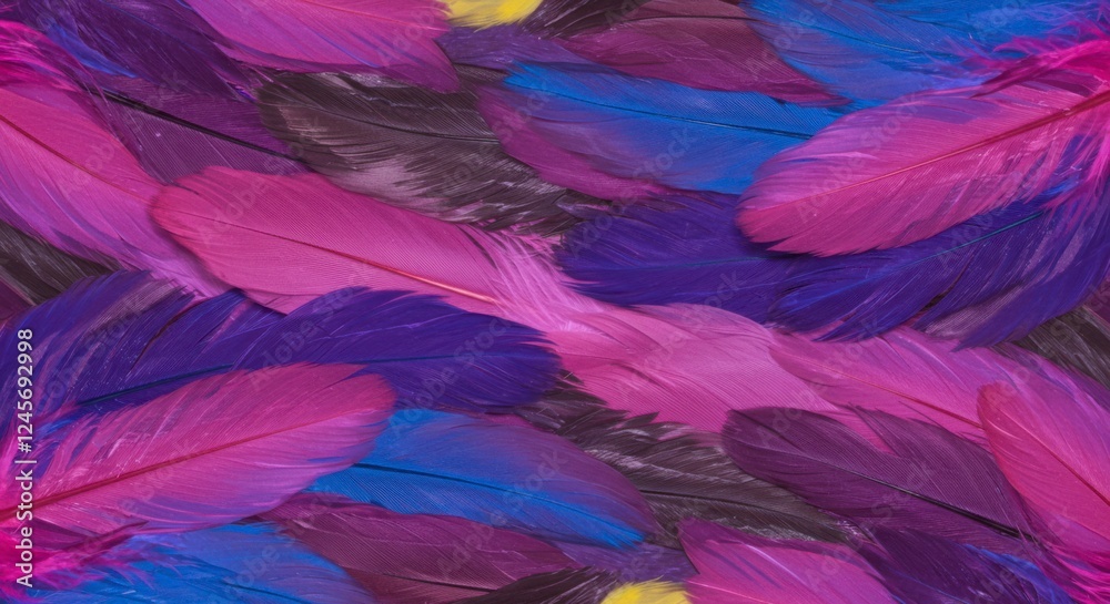 Obraz premium Vibrant arrangement of colorful feathers in shades of pink, purple, and blue for creative use