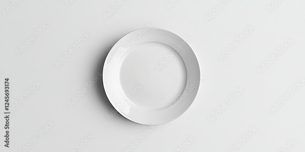 Minimalist top view of a round white plate placed centrally on a smooth white background showcasing its glossy finish and simple design. Minimalist top view of a round white plate placed centrally on a smooth white background showcasing its glossy finish and simple design.