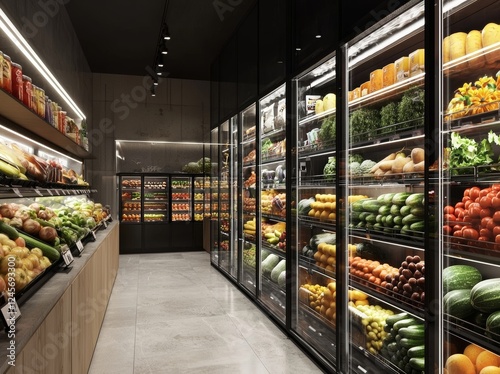 A chic, contemporary walk-in cooler, lit by bright LED lights, lined with shelves stocked with fresh produce, meats, and dairy products