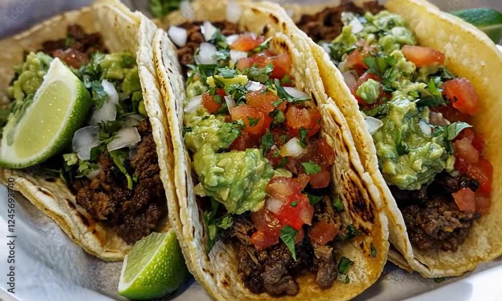 Delicious beef tacos with fresh toppings and lime wedges