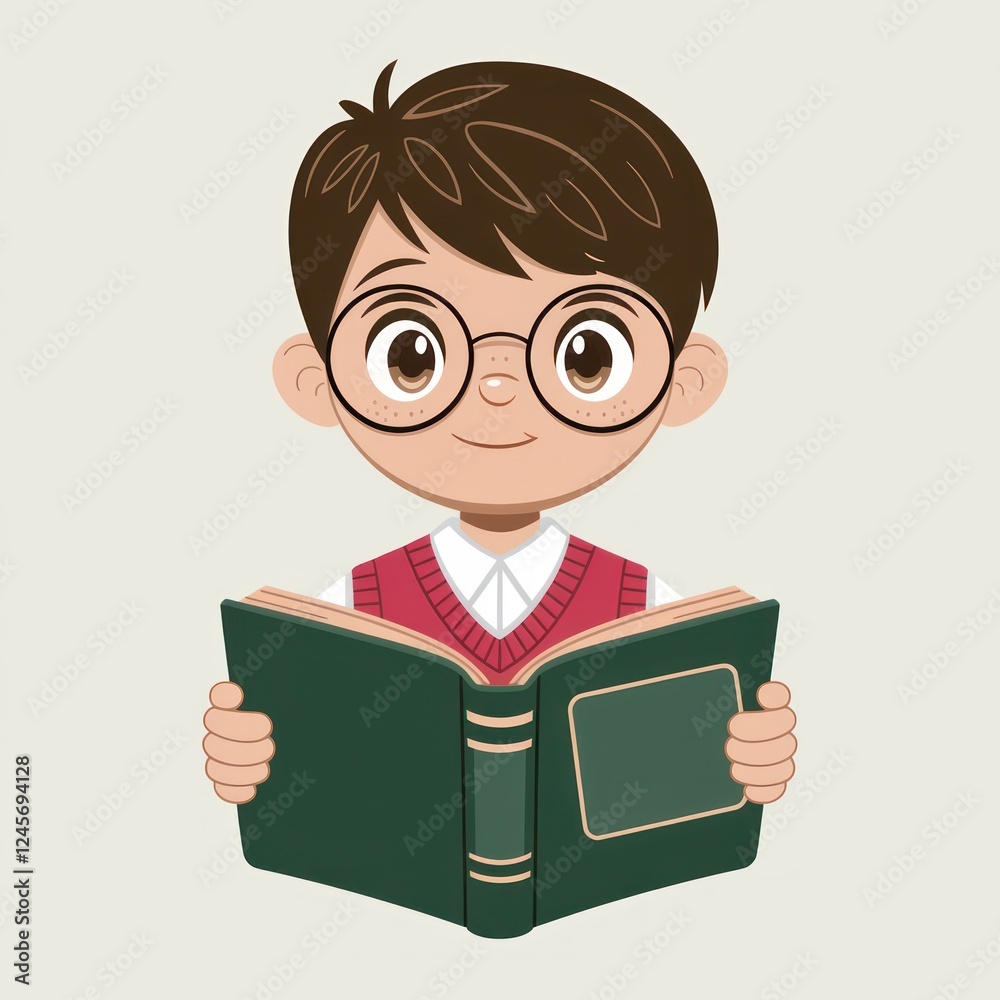 Cute boy engrossed in reading a book. He wears glasses and a red sweater vest. The book is dark green with a tan spine. Cute boy engrossed in reading a book. He wears glasses and a red sweater vest. The book is dark green with a tan spine.