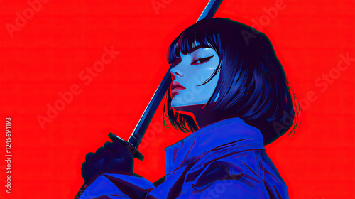 Stylish Anime Woman with Katana against a Vibrant Red Background