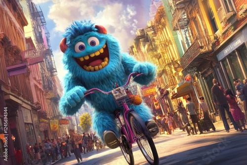 Playful blue furry monster joyfully riding a bicycle through a bustling city street, surrounded by colorful buildings and amazed pedestrians
