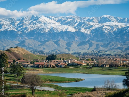 Rancho Cucamonga, California, features sunlit hills and sprawling suburbs, with the snow-covered San Gabriel Mountains visible in the distance, all under a clear blue sky photo