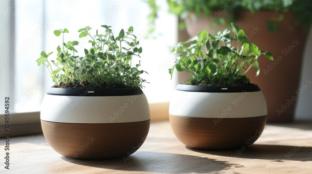 Innovative smart planters with tech integration home interior product showcase modern environment close-up view eco-friendly concept Innovative smart planters with tech integration home interior product showcase modern environment close-up view eco-friendly concept