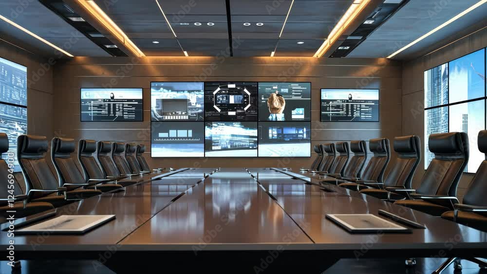Modern conference room with digital screens and long table setup