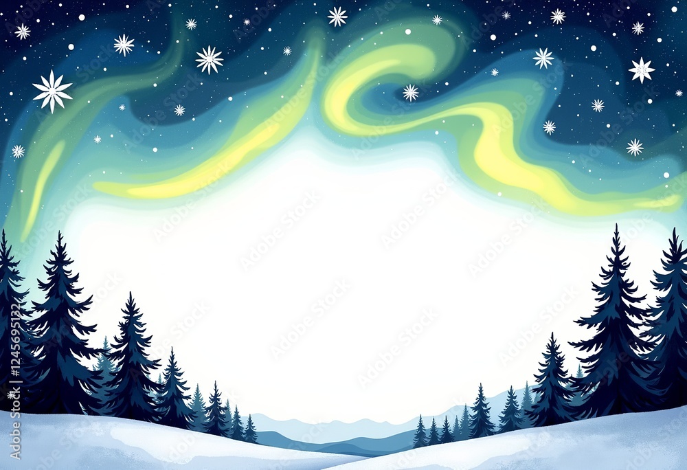 Fototapeta premium Aurora Borealis Christmas Menu Template: Hand-Drawn Illustration on White, Empty Space for Your Holiday Dishes, Simple and Elegant Winter Wonderland Design.