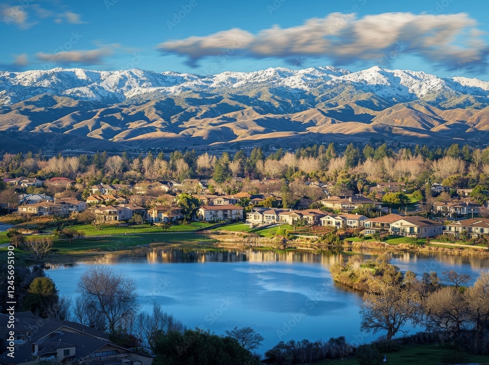 Fototapeta premium In Rancho Cucamonga, California, the sun-kissed hills and expansive suburbs stretch out beneath a brilliant blue sky, with the snow-capped San Gabriel Mountains in the distance