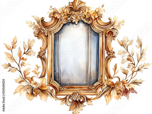 decorative gold frame hanging on a wall, adorned with intricate floral designs and pink roses. The frame has an ornate, vintage style with elaborate scrollwork and floral embellishments.