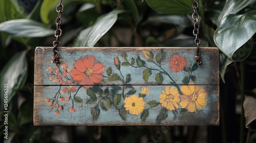 Vintage Floral Signboard with Colorful Flower Paintings Hanging