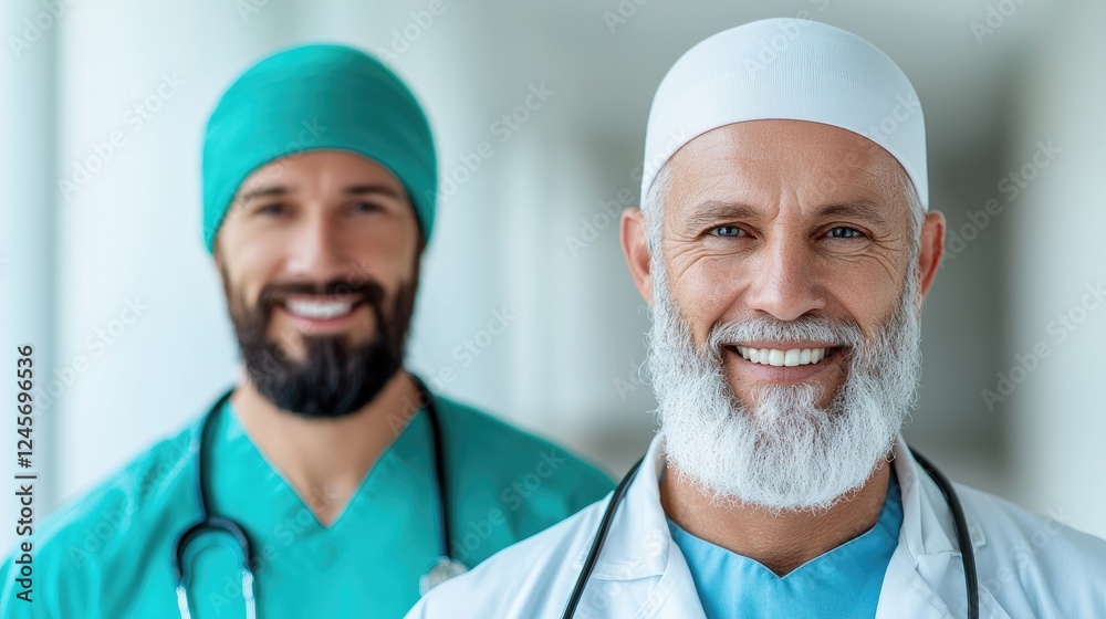 Smiling doctors hallway hospital healthcare teamwork Smiling doctors hallway hospital healthcare teamwork