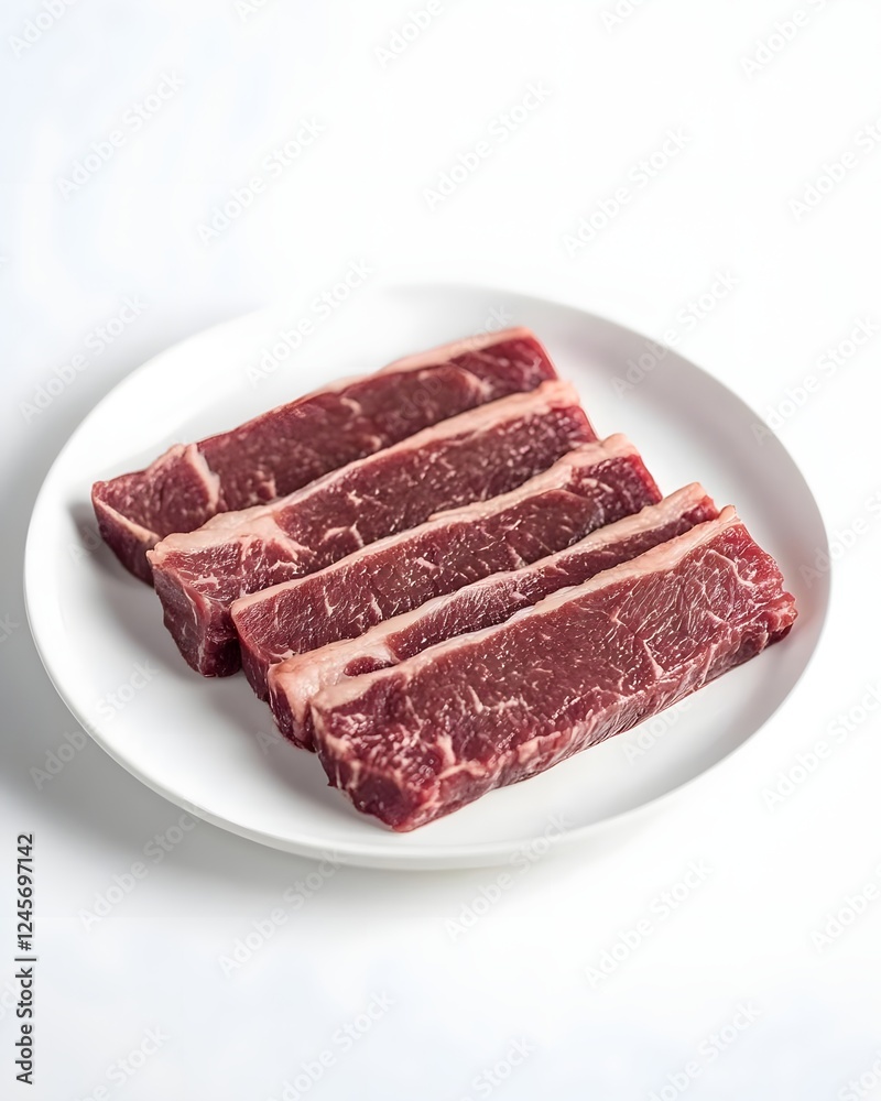 Fresh raw beef short ribs arranged neatly on a white plate, showcasing marbling and texture Fresh raw beef short ribs arranged neatly on a white plate, showcasing marbling and texture