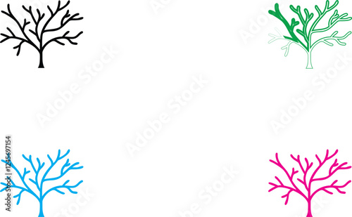 Minimalist tree silhouettes, colorful abstract branches, digital illustration, clean white background, geometric nature art, simplified tree shapes, blue green pink black colors, sparse design, styliz