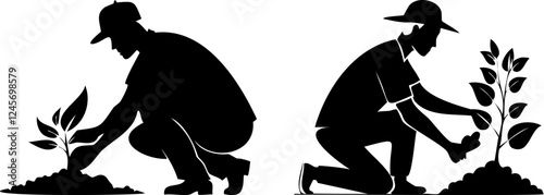 Man Silhouette Planting a Sapling, Environmental Awareness Concept