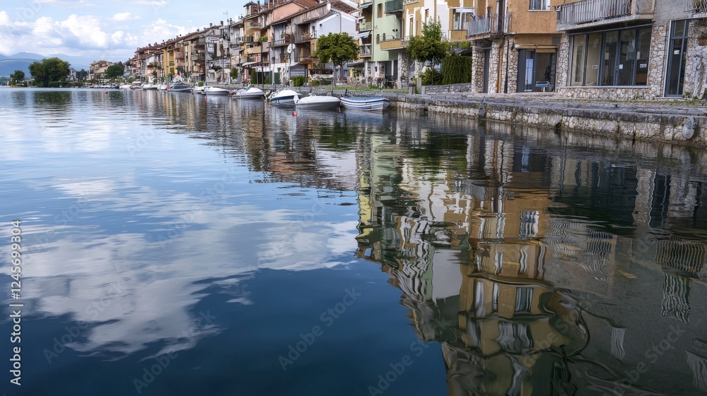 Serene lake reflection of vibrant facades charming waterfront town photography tranquil environment scenic viewpoint Serene lake reflection of vibrant facades charming waterfront town photography tranquil environment scenic viewpoint