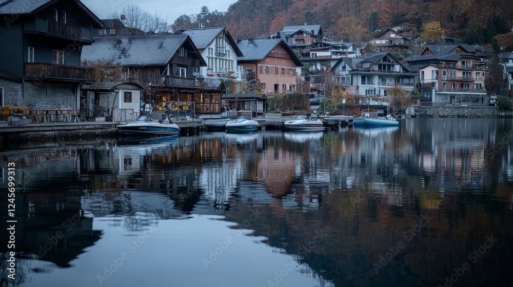 Tranquil reflections of lakeside homes serene lake photography evening close-up nature's beauty Tranquil reflections of lakeside homes serene lake photography evening close-up nature's beauty