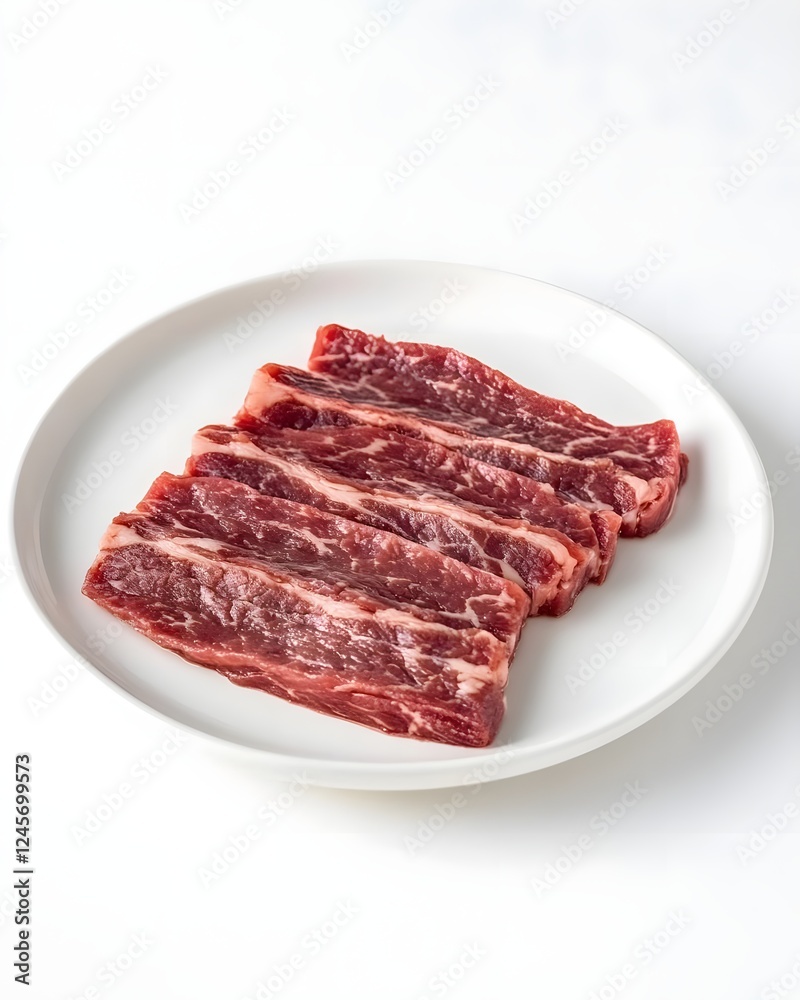 Fresh raw beef short ribs arranged neatly on a white plate, ideal for culinary presentations and recipes Fresh raw beef short ribs arranged neatly on a white plate, ideal for culinary presentations and recipes