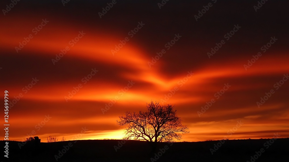 Fototapeta premium Fiery sunrise illuminating lone tree in field