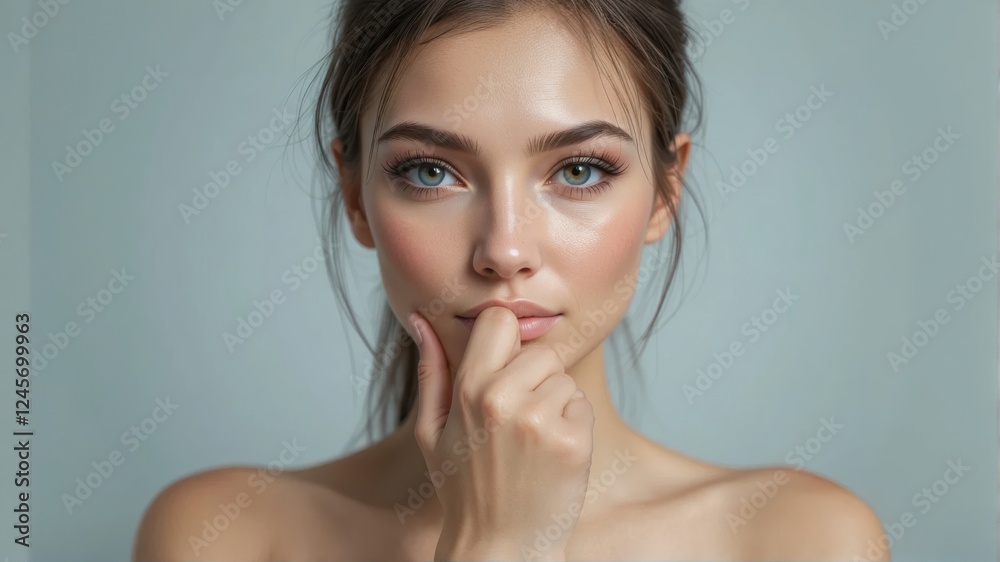 Portrait of a Thoughtful Young Woman with Natural Makeup and Soft Lighting Against a Neutral Background Portrait of a Thoughtful Young Woman with Natural Makeup and Soft Lighting Against a Neutral Background